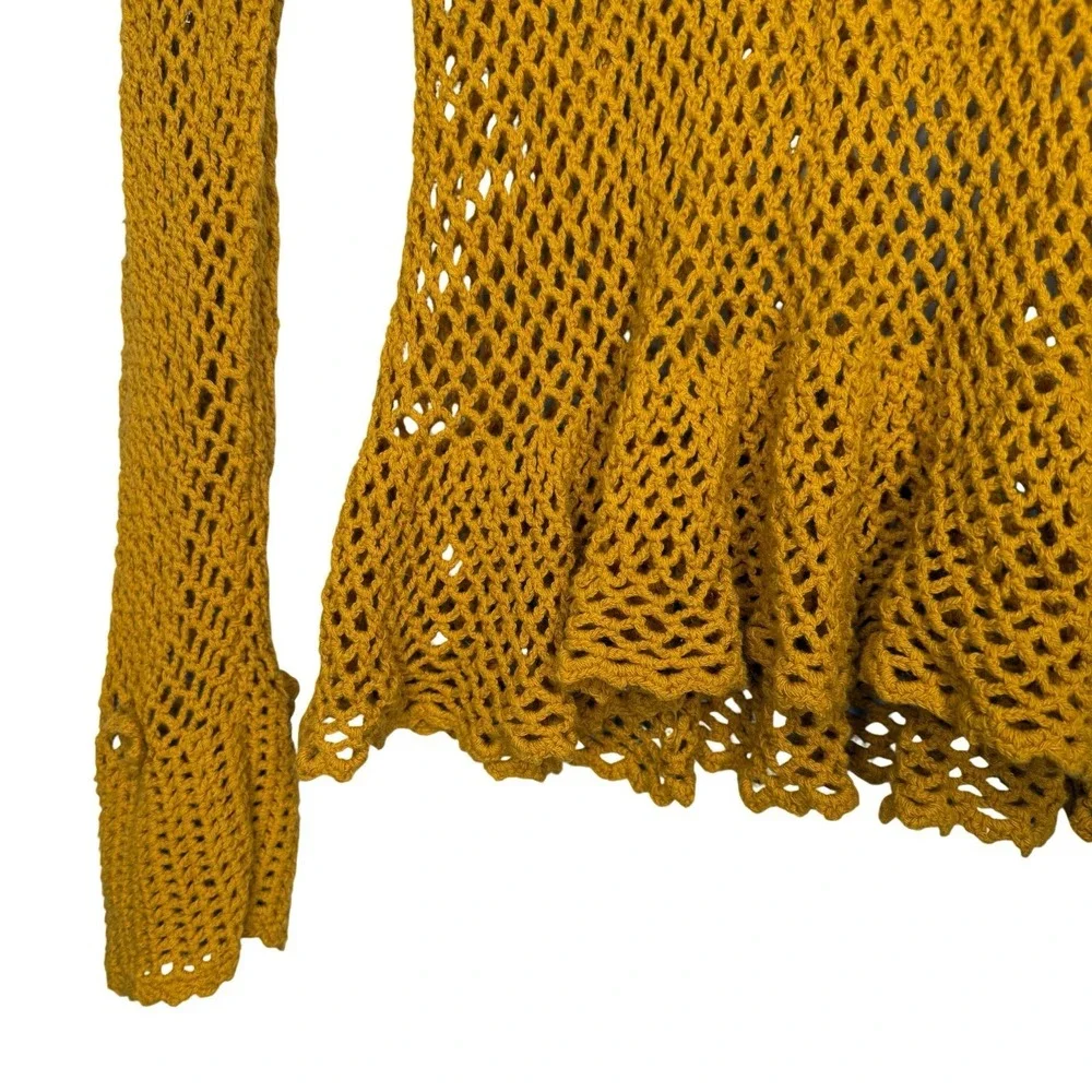 Zara Ruffled Crochet Open Knit Peplum Long Sleeve Top Mustard M‎ Boho Festival